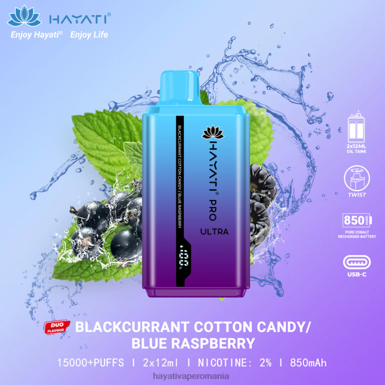 Hayati Pro Ultra 15000 pufuri de unică folosință vată de zahăr de coacăze negre/zmeură albastră BF68L216 Hayati Flavour Vapes