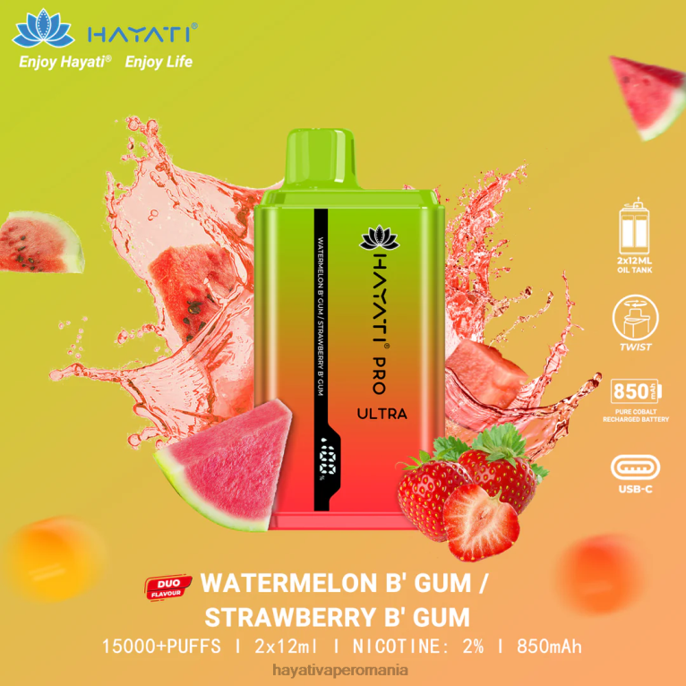 Hayati Pro Ultra 15000 pufuri de unică folosință gumă cu pepene verde/gumă cu căpșuni BF68L227 Hayati Vape Company